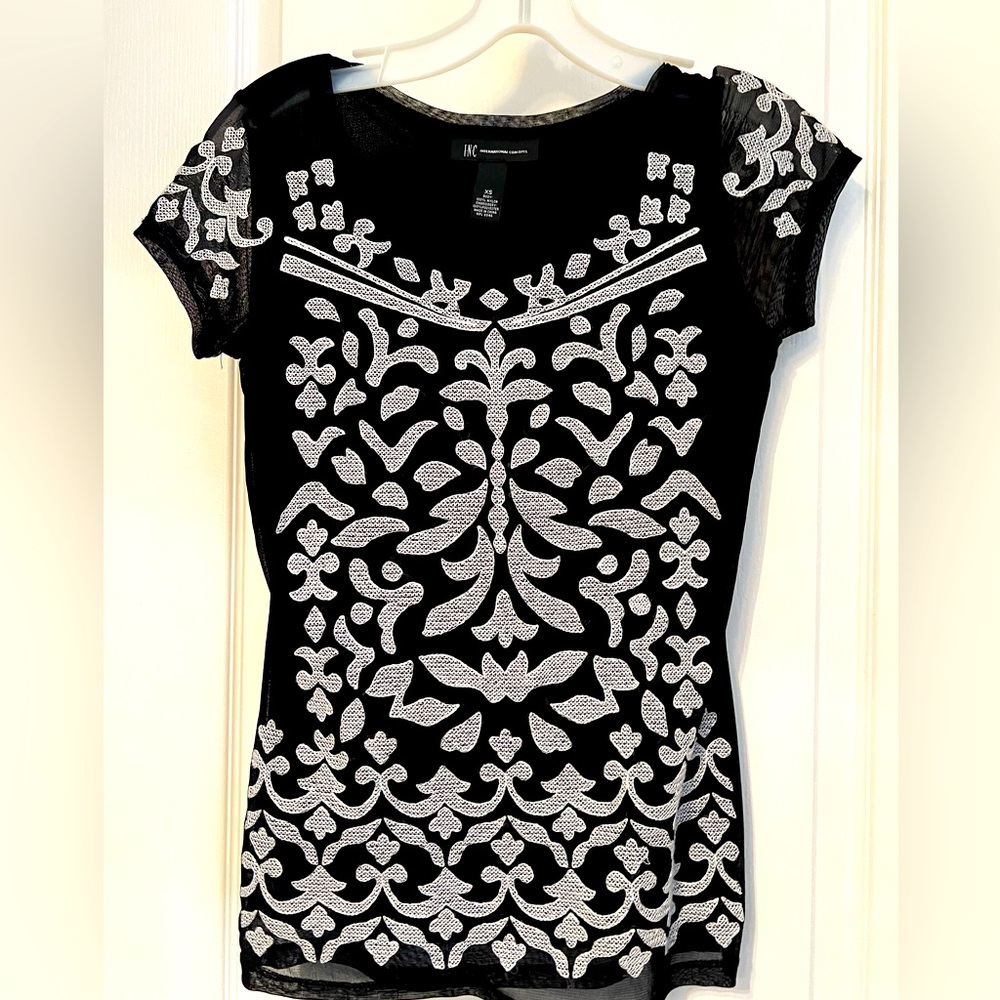 INC Black Top with white embroidery